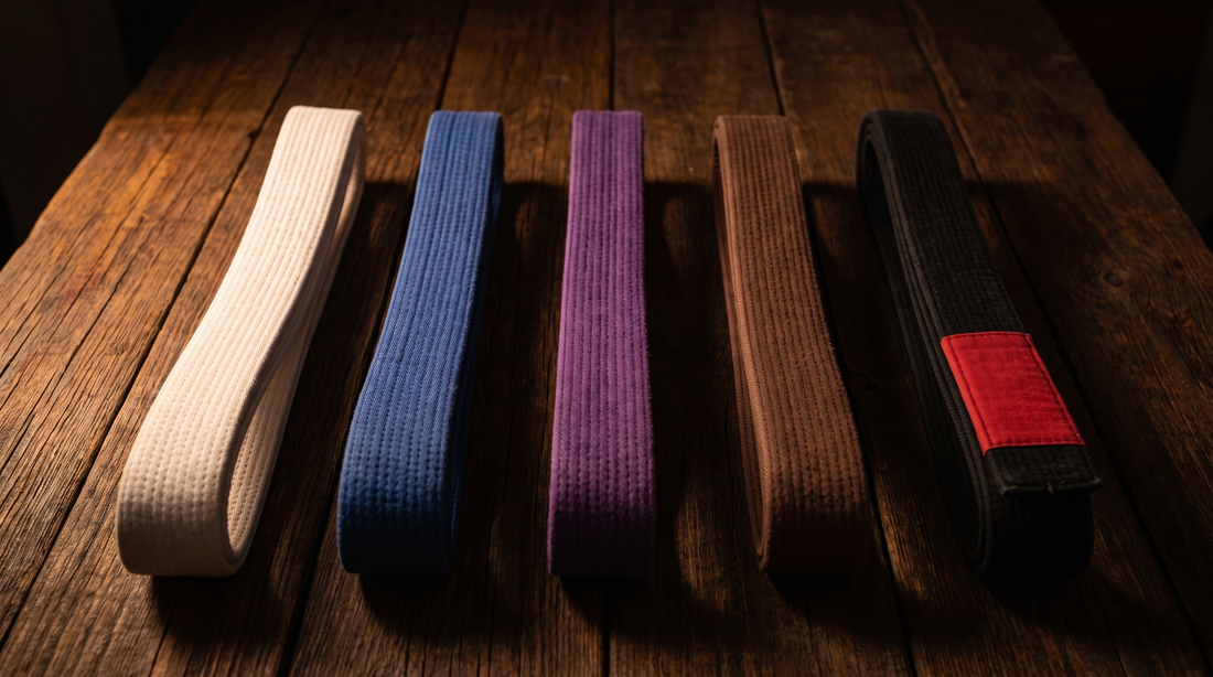 BJJ belts in rank order: white, blue, purple, brown, and black