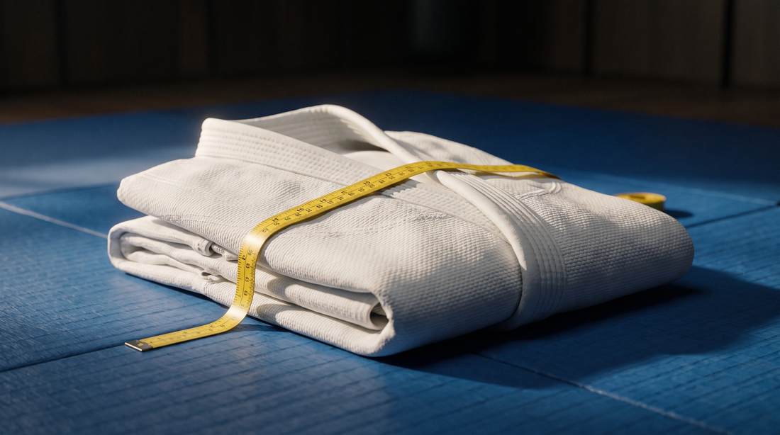 White BJJ gi with a measuring tape on tatami mats
