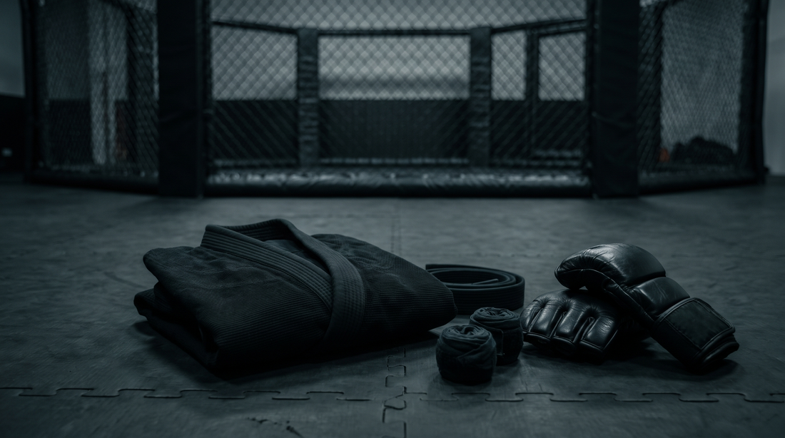 BJJ gi and MMA gloves side by side near a fighting cage