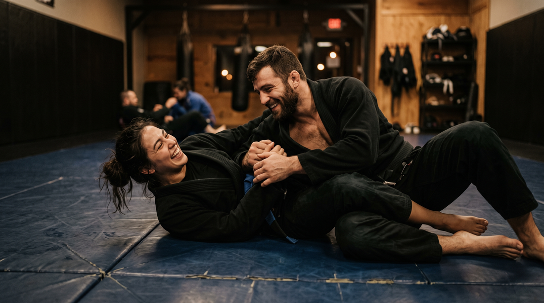 Couple playfully grappling and laughing on the mats