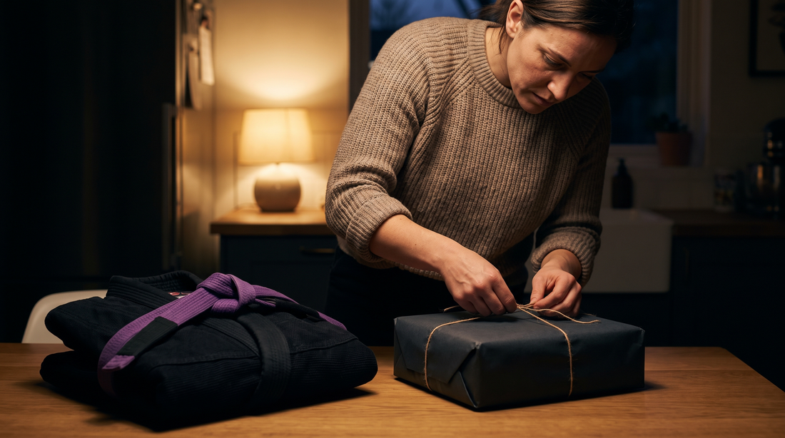 Wrapping a gift next to a folded black BJJ gi and purple belt