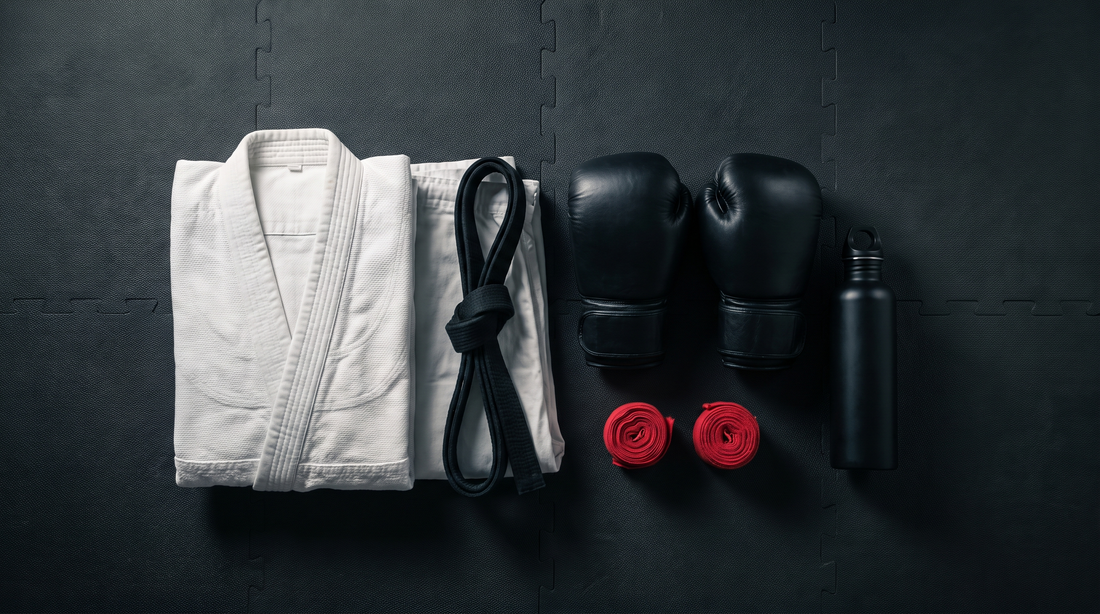 Martial arts gear laid out: gi, boxing gloves, and hand wraps
