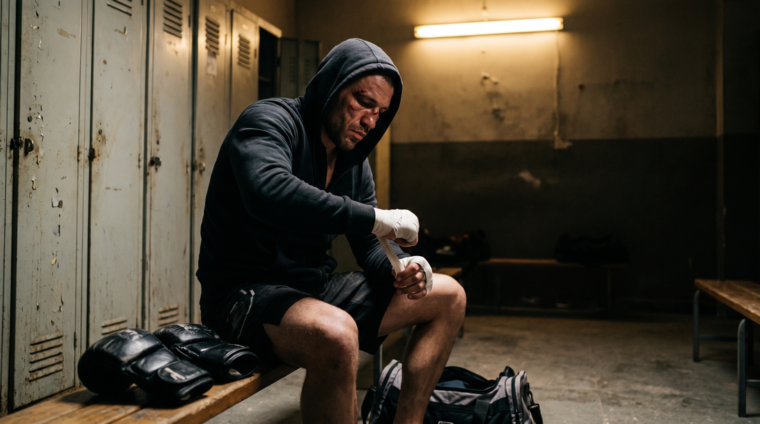 MMA fighter wrapping his hands in a locker room