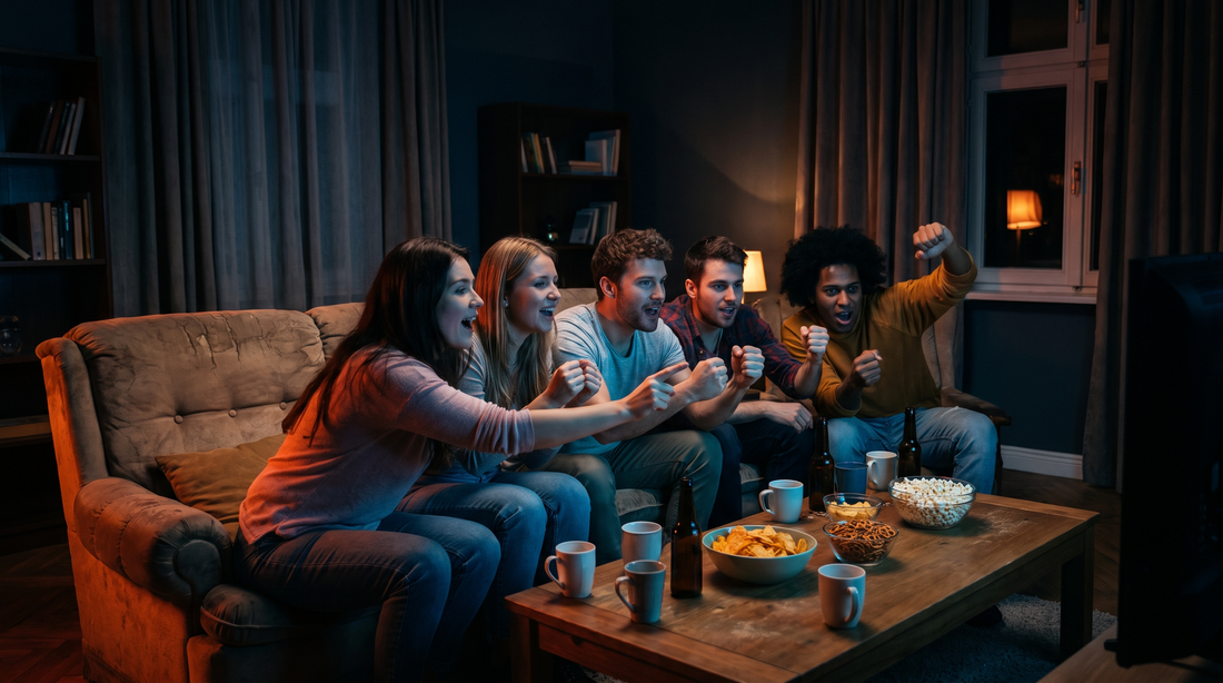Friends cheering while watching a fight on TV at home