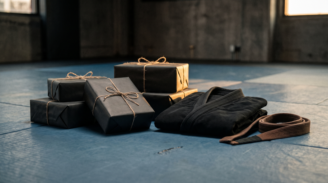 Wrapped gifts on gym mats beside a black gi and brown belt