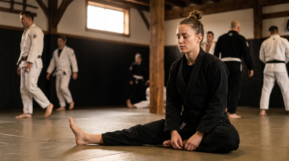 Woman stretching on the mats before martial arts class