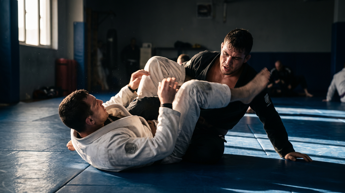 Two grapplers training jiu-jitsu, one holding closed guard