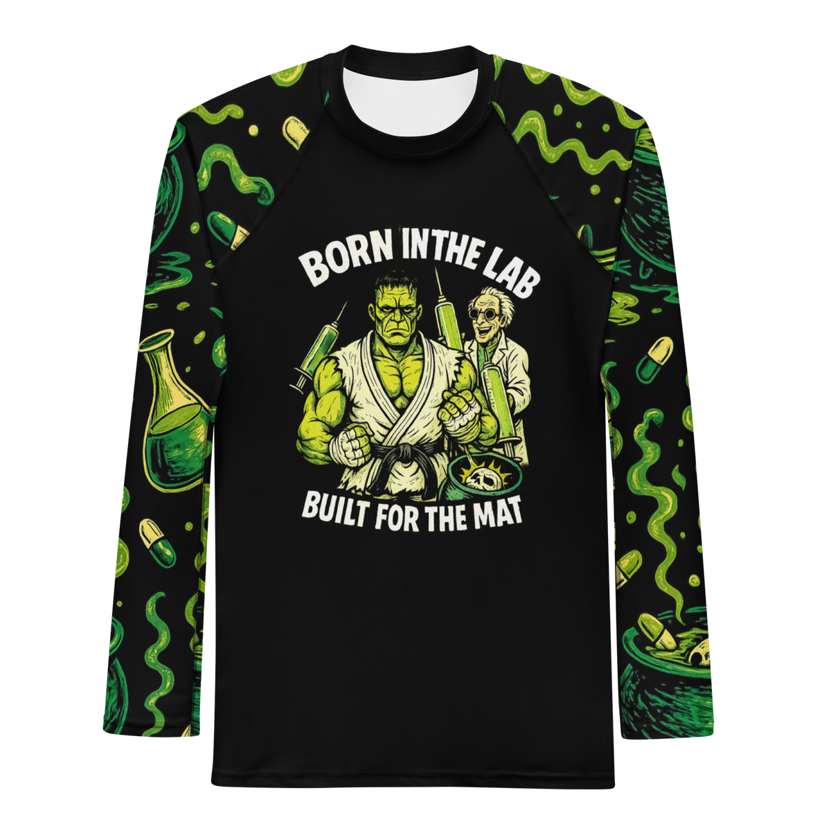 Born in the Lab, Built for the Mat BJJ Halloween men's rash guard, front view