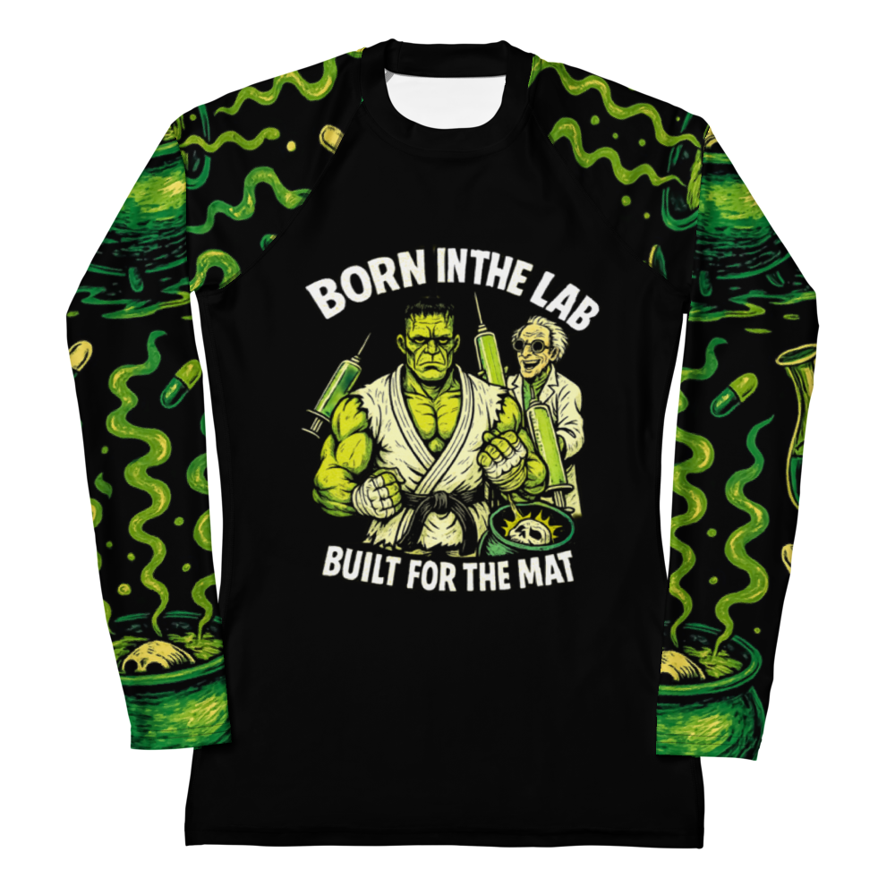 Born in the Lab, Built for the Mat BJJ Halloween women's rash guard, front view