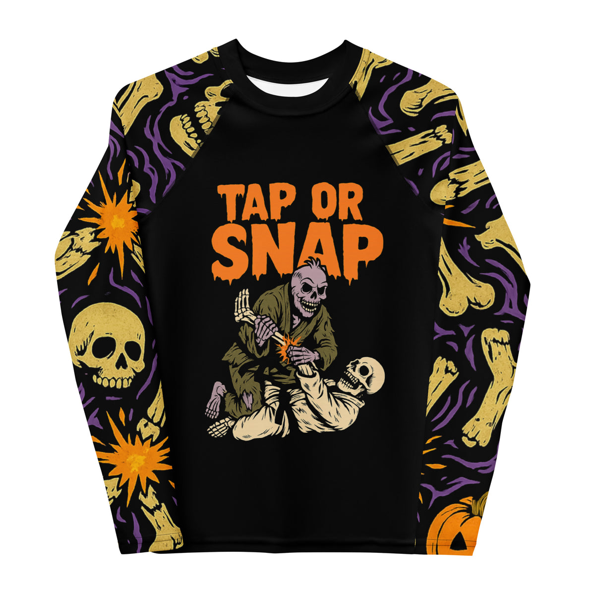 Tap or Snap BJJ Halloween youth rash guard, front view