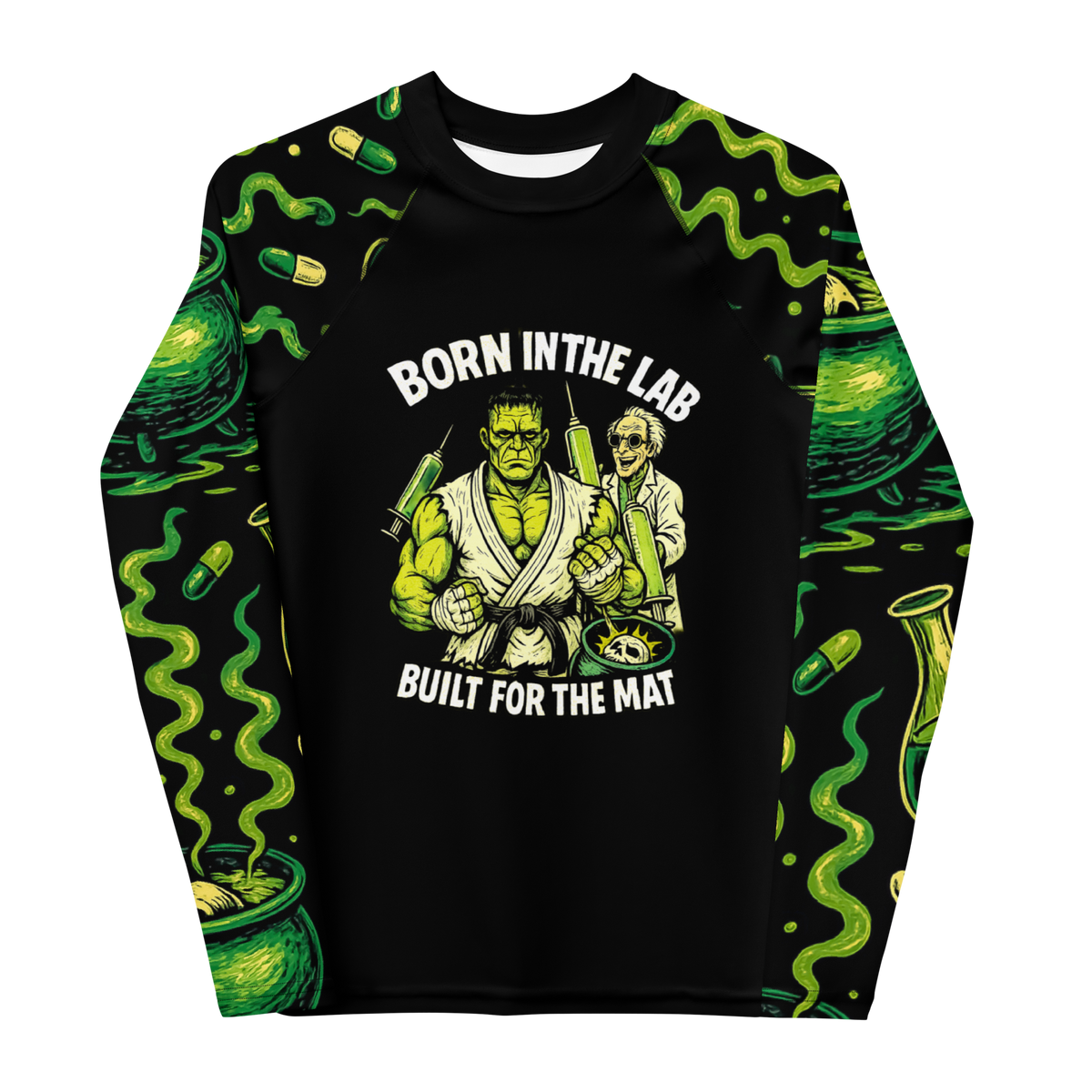 Born in the Lab, Built for the Mat BJJ Halloween youth rash guard, front view