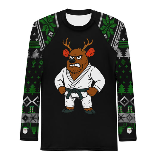 Funny Jiu Jitsu Christmas Rash Guard, Cauliflower Ear Reindeer Mens BJJ No Gi Top, Jiu Jitsu Christmas Gift