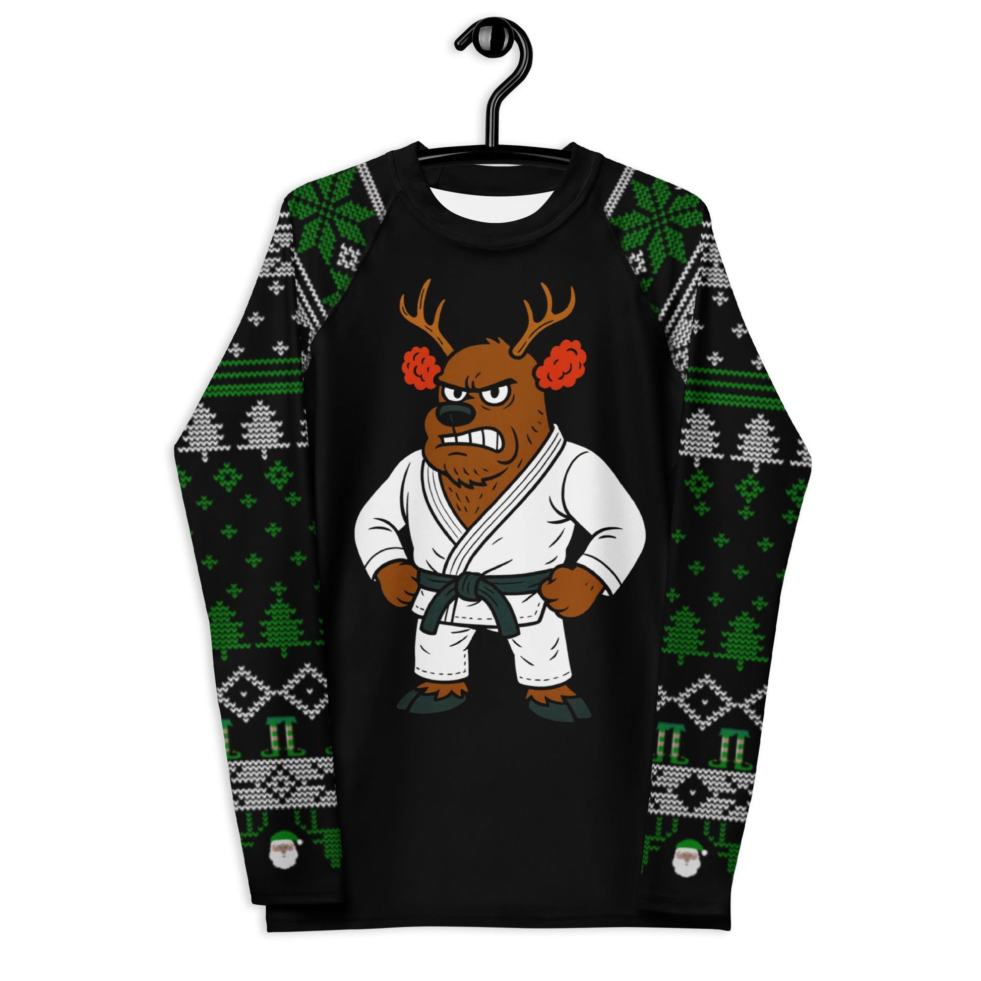 Funny Jiu Jitsu Christmas Rash Guard, Cauliflower Ear Reindeer Mens BJJ No Gi Top, Jiu Jitsu Christmas Gift