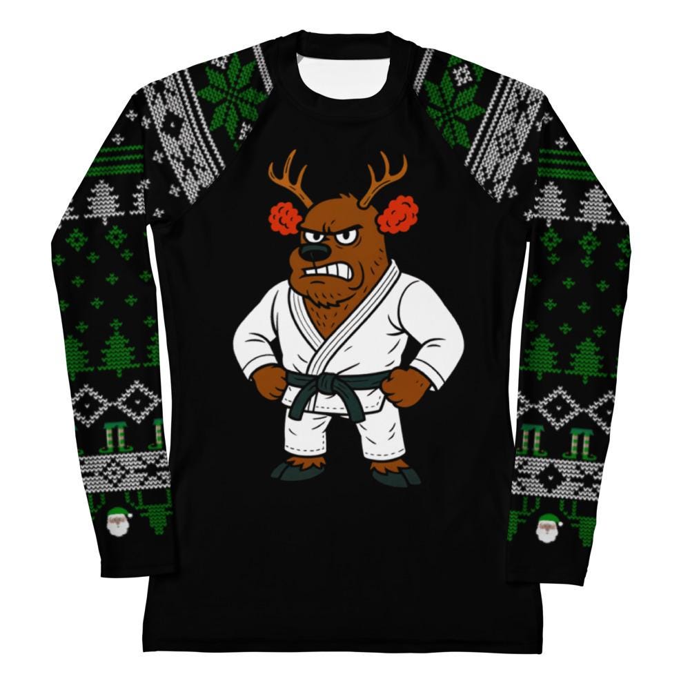 Funny Jiu Jitsu Christmas Rash Guard, Cauliflower Ear Reindeer Womens BJJ No Gi Top, Jiu Jitsu Christmas Gift