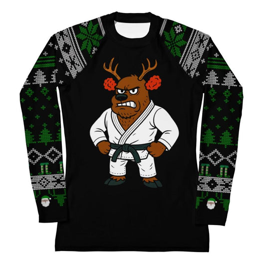 Funny Jiu Jitsu Christmas Rash Guard, Cauliflower Ear Reindeer Womens BJJ No Gi Top, Jiu Jitsu Christmas Gift