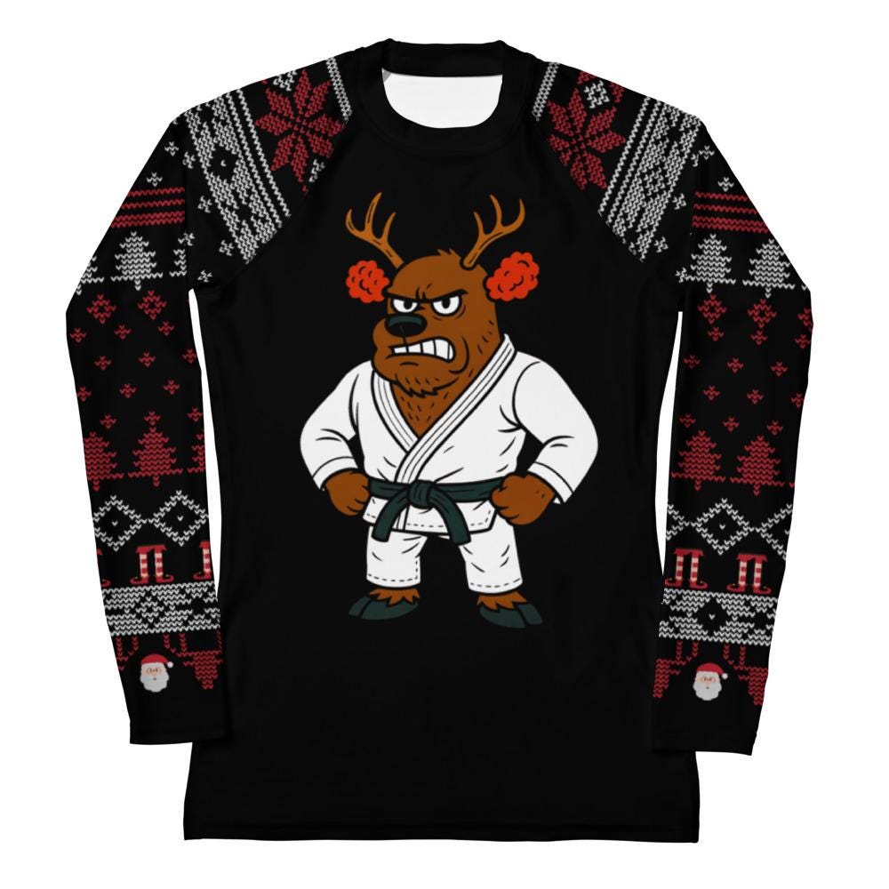Funny Jiu Jitsu Christmas Rash Guard, Cauliflower Ear Reindeer Womens BJJ No Gi Top, Jiu Jitsu Christmas Gift