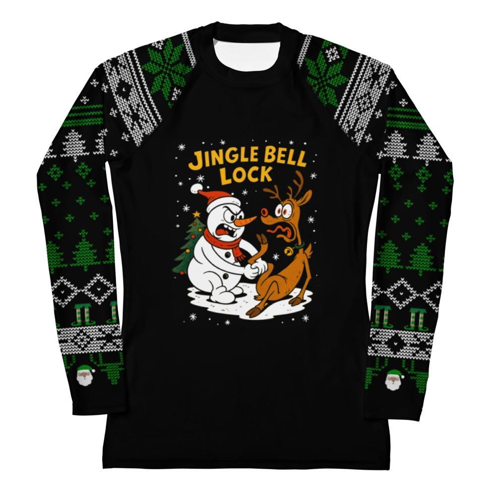 Womens Jiu Jitsu Christmas Rash Guard, Jingle Bell Lock BJJ No Gi Top