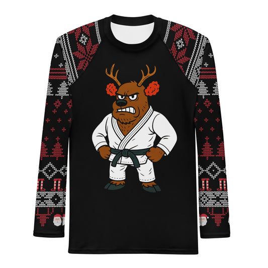 Funny Jiu Jitsu Christmas Rash Guard, Cauliflower Ear Reindeer Mens BJJ No Gi Top, Jiu Jitsu Christmas Gift