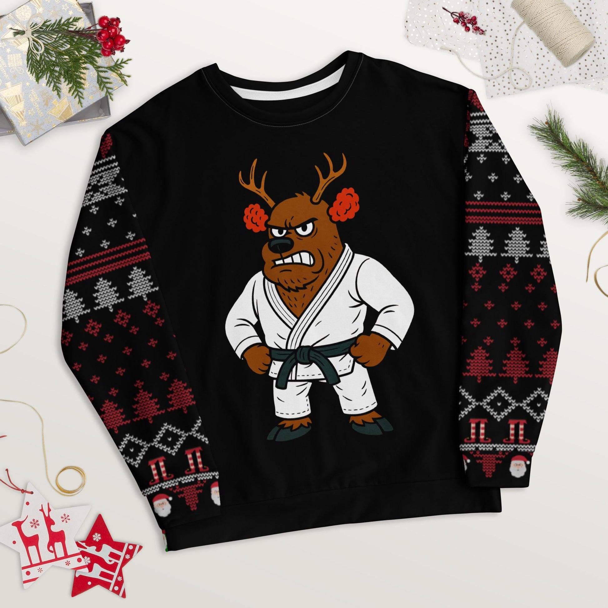 Funny Jiu Jitsu Christmas Sweater, Cauliflower Ear Reindeer BJJ Ugly Christmas Sweatshirt, Jiu Jitsu Christmas Gift