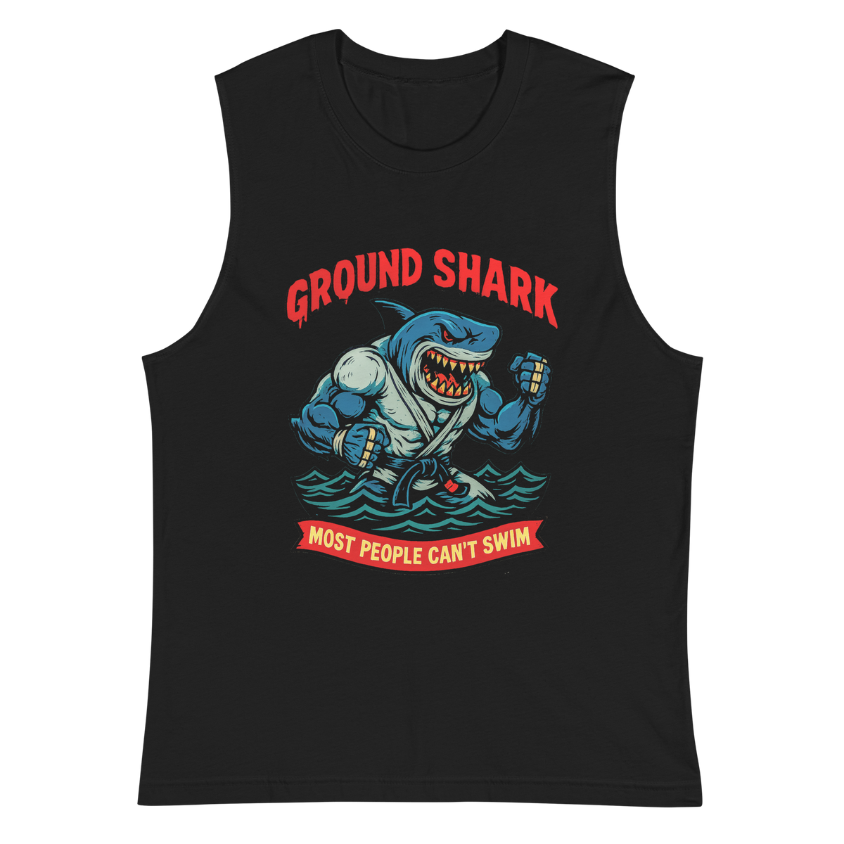 Ground Shark BJJ Halloween muscle shirt in black, front view