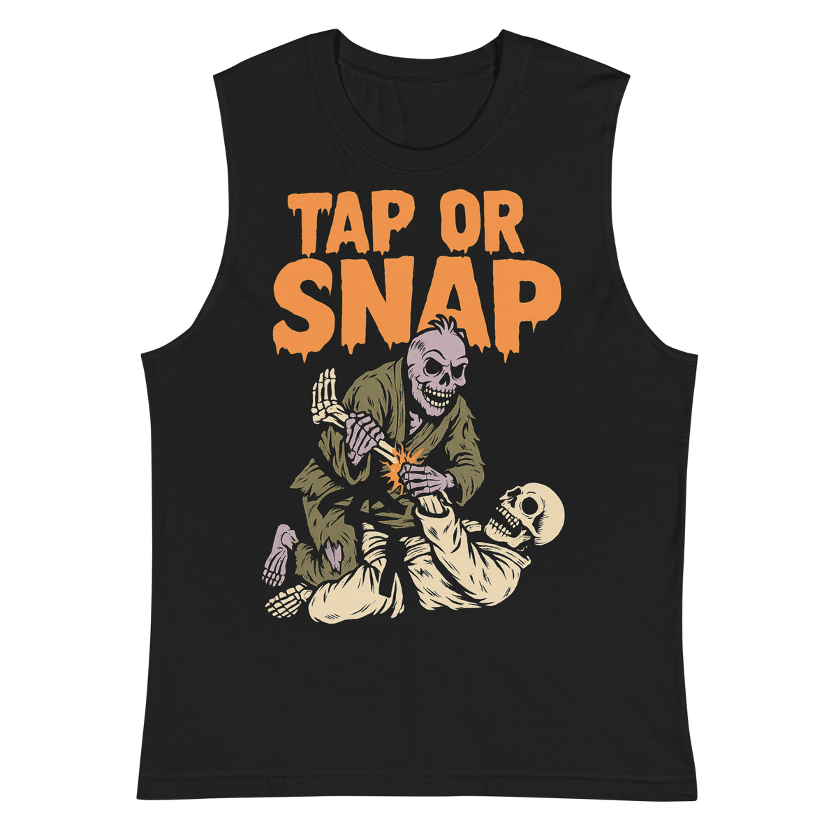 Tap or Snap BJJ Halloween muscle shirt in black, front view