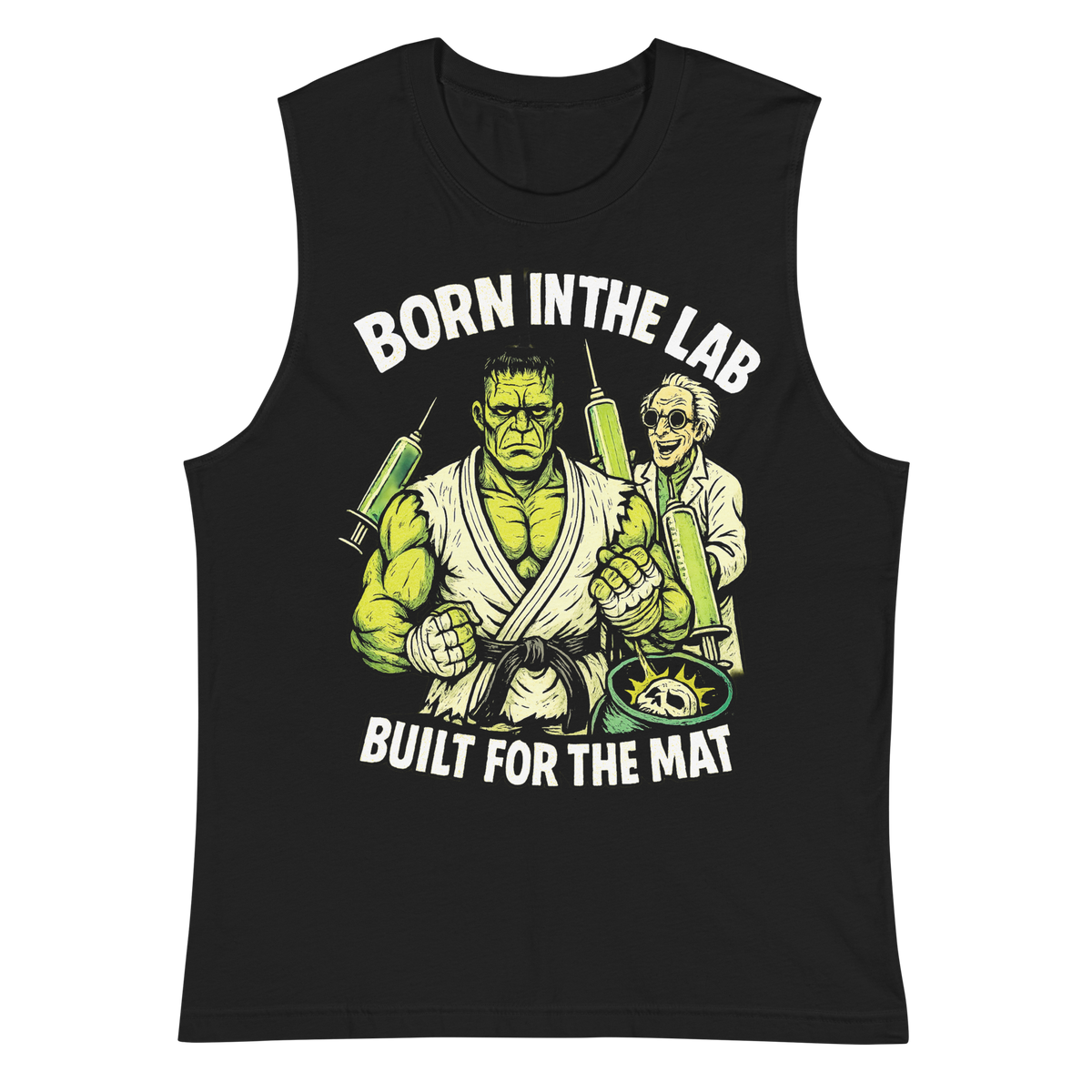 Born in the Lab, Built for the Mat BJJ Halloween muscle shirt in black, front view