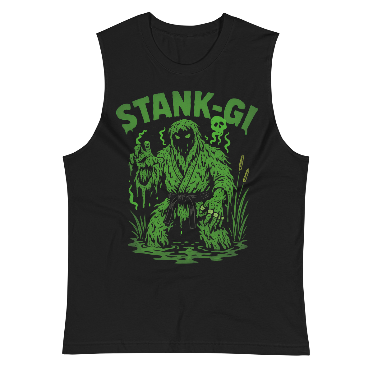 Stank-Gi BJJ Halloween muscle shirt in black, front view