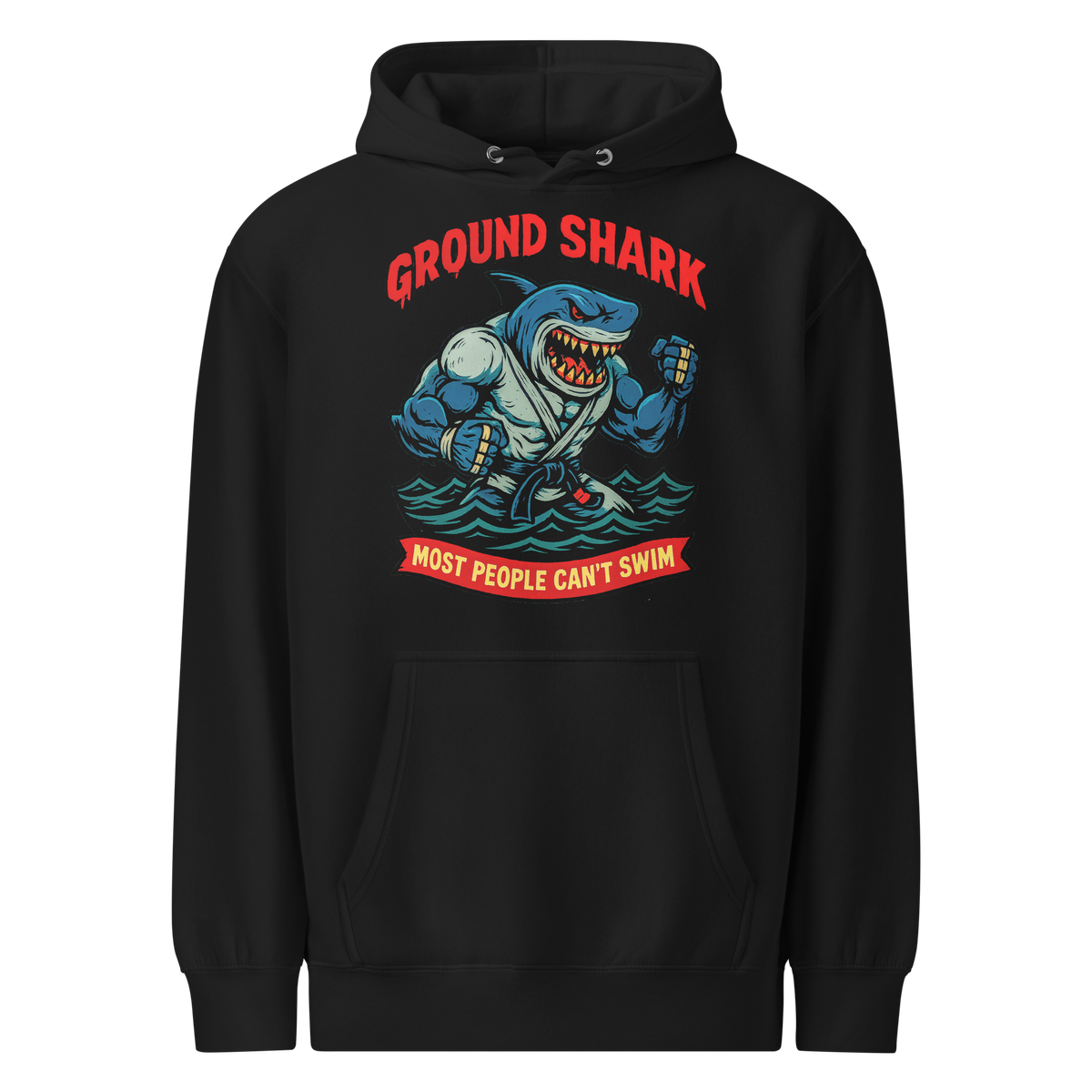 Ground Shark BJJ Halloween hoodie in black, front view