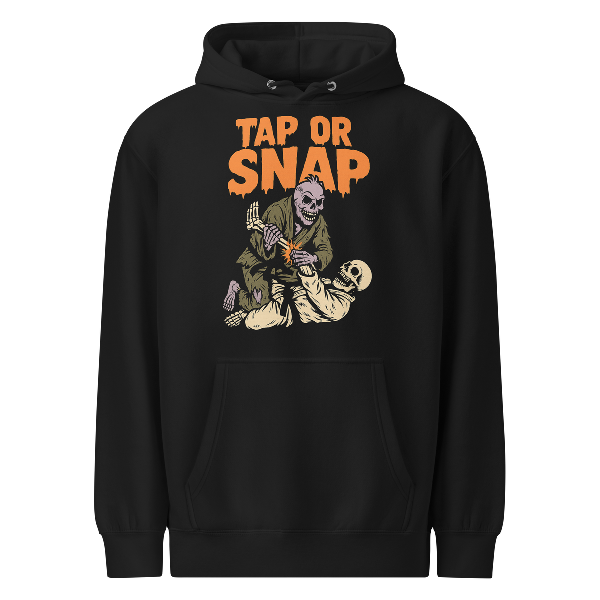 Tap or Snap BJJ Halloween hoodie in black, front view