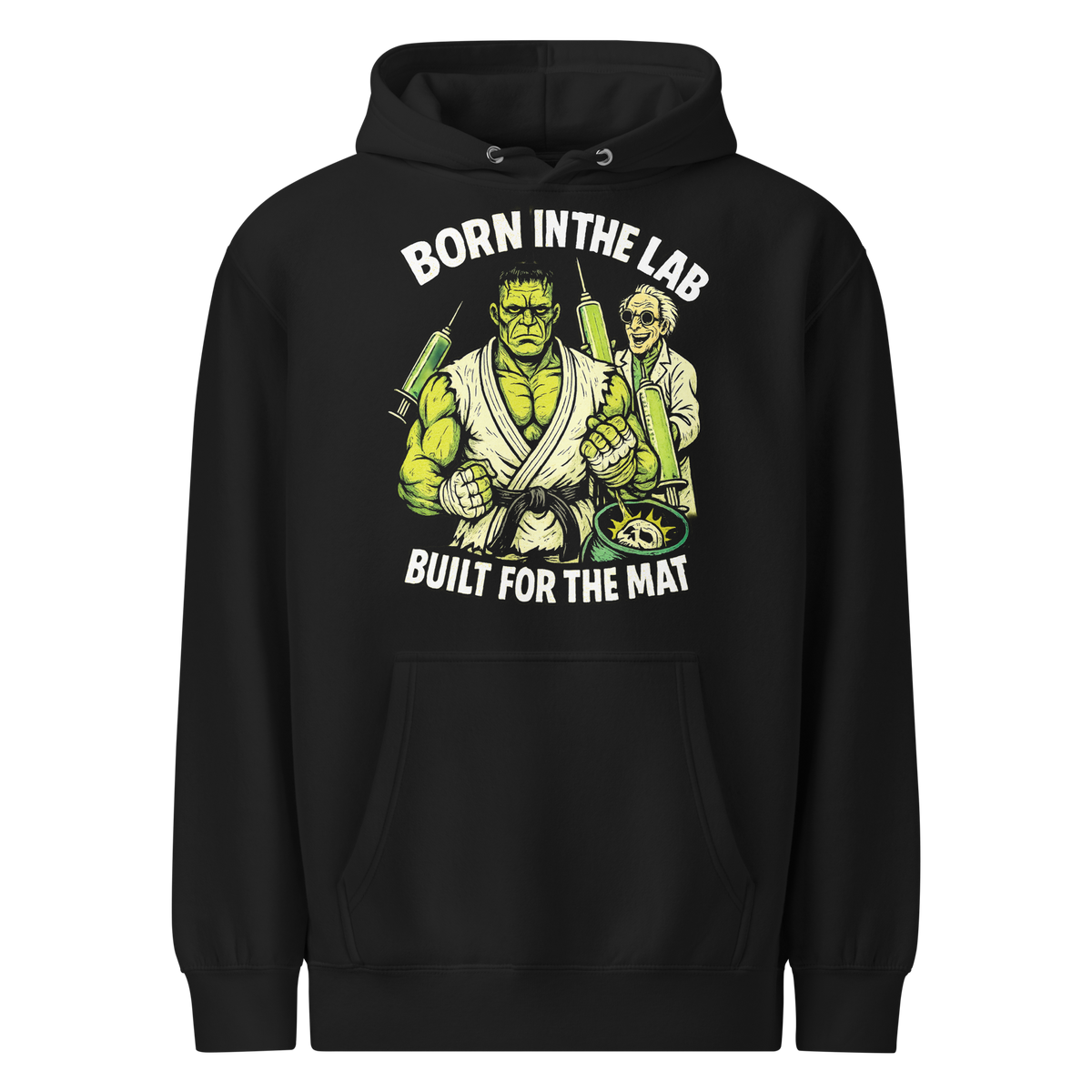 Born in the Lab, Built for the Mat BJJ Halloween hoodie in black, front view