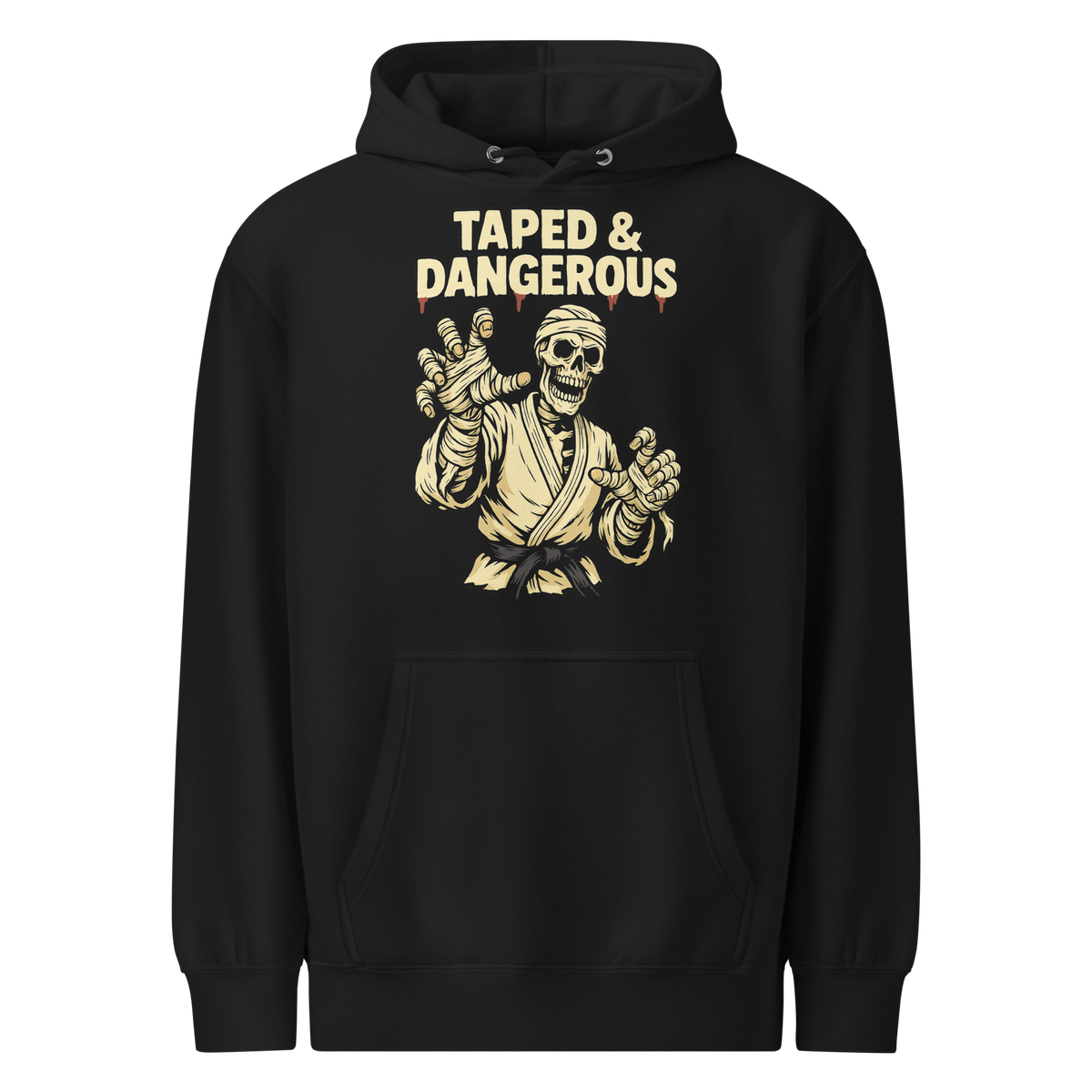 Taped & Dangerous BJJ Halloween hoodie in black, front view